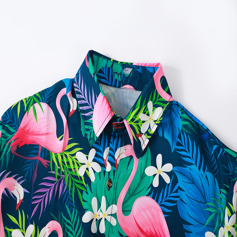 Herren Kurzarmhemd mit lShopnoryendigem Flamingo-Muster und atmungsaktiver Baumwolle