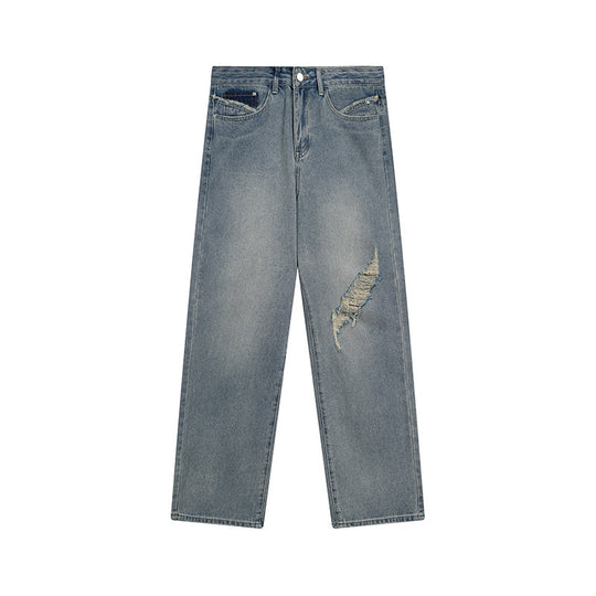 Damen Weite hochgeschnittene Denim-Jeans mit geradem Bein und Destroyed-Detail Shop Nory