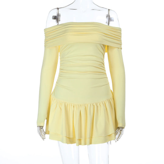 Damen Bardot-Minikleid mit Raffung, langen Ärmeln und Volantrock Shop Nory