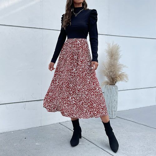 Damen A-Linien-Midirock mit hohem Bund, fließender Silhouette und abstraktem Print Shop Nory