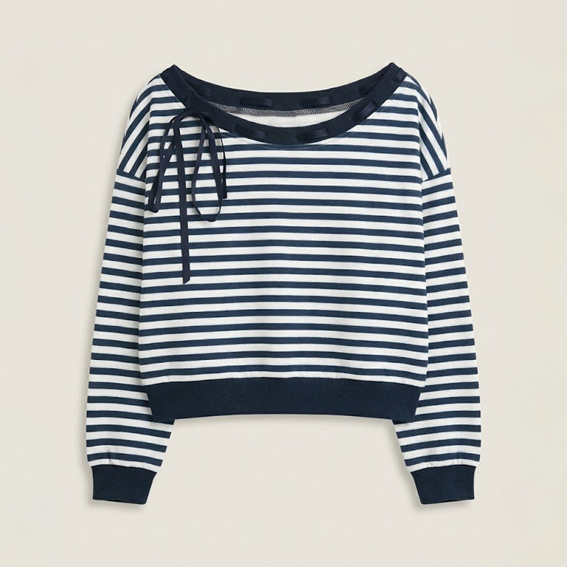 Damen Oversize-Sweatshirt im Marinelook mit Off-Shoulder, Knopfleiste und Satinschleifen Shop Nory