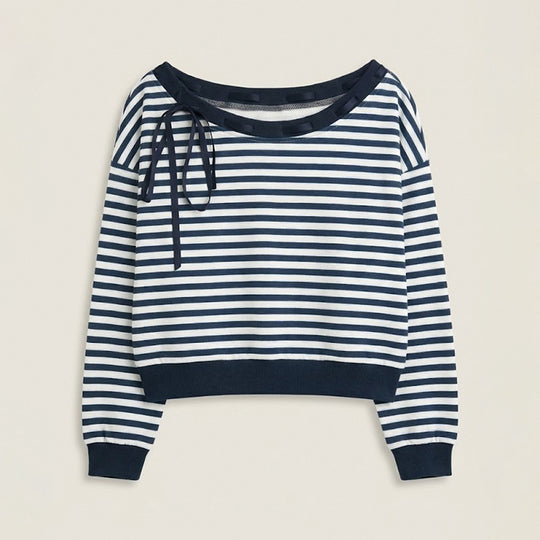 Damen Oversize-Sweatshirt im Marinelook mit Off-Shoulder, Knopfleiste und Satinschleifen Shop Nory
