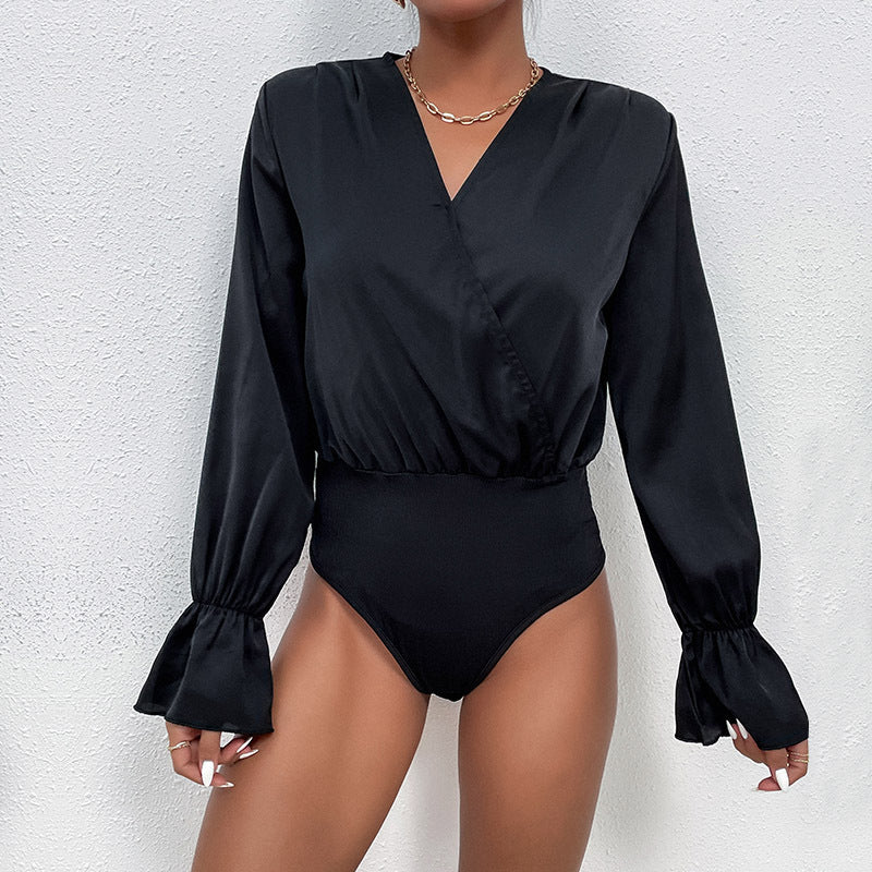 Damen Satin-Body mit Wickeloptik, V-Ausschnitt, elastischer Taillenpartie und Volantärmeln Shop Nory