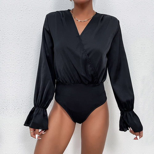 Damen Satin-Body mit Wickeloptik, V-Ausschnitt, elastischer Taillenpartie und Volantärmeln Shop Nory