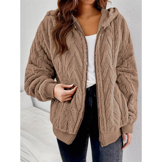 Damen Kapuzen-Teddyjacke mit Reißverschluss, weichem Plüsch und elastischem Bündchen Shop Nory