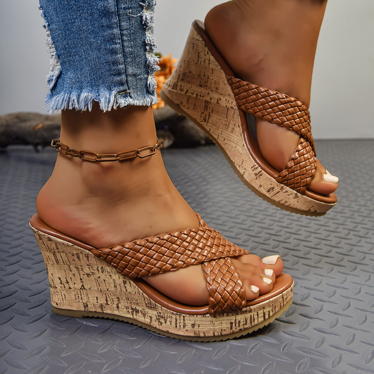 Damen Wedge-Pantoletten mit geflochtenem Riemendesign Shopnory
