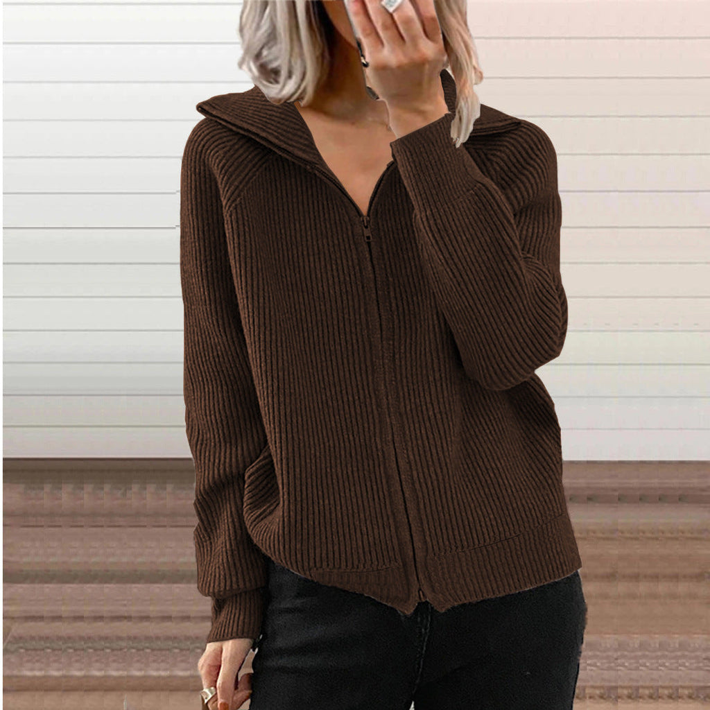 Damen bequeme Strickjacke mit hohem Kragen und durchgehendem Reißverschluss