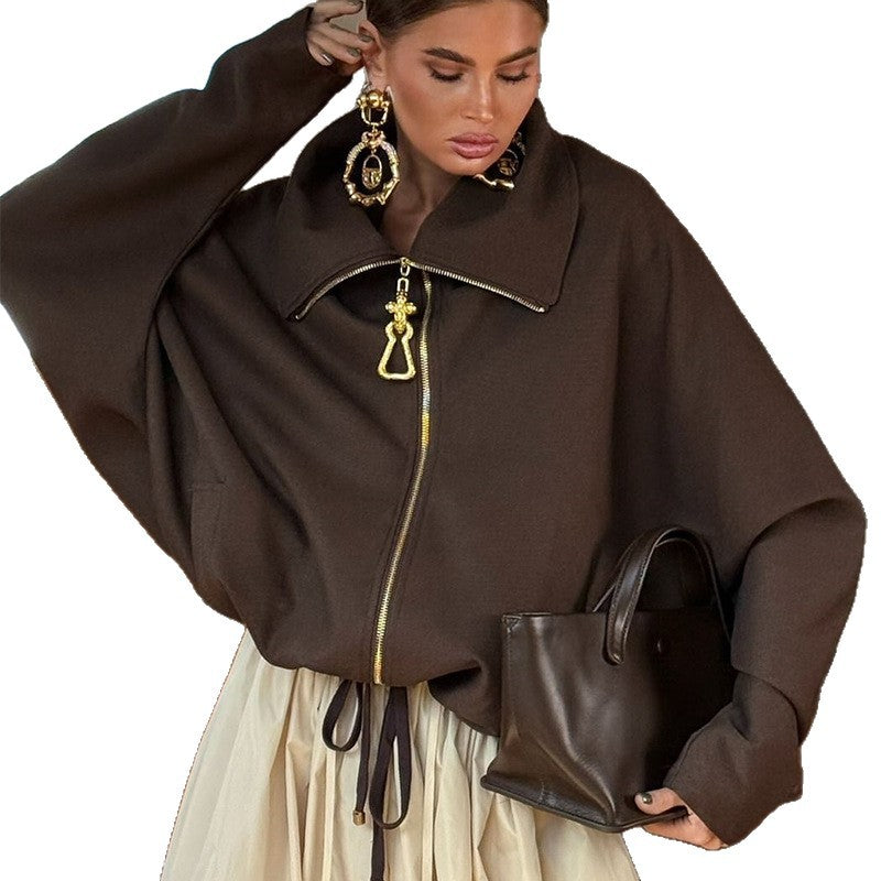 Damen Lässige Oversize-Jacke mit hohem Kragen und Reißverschluss