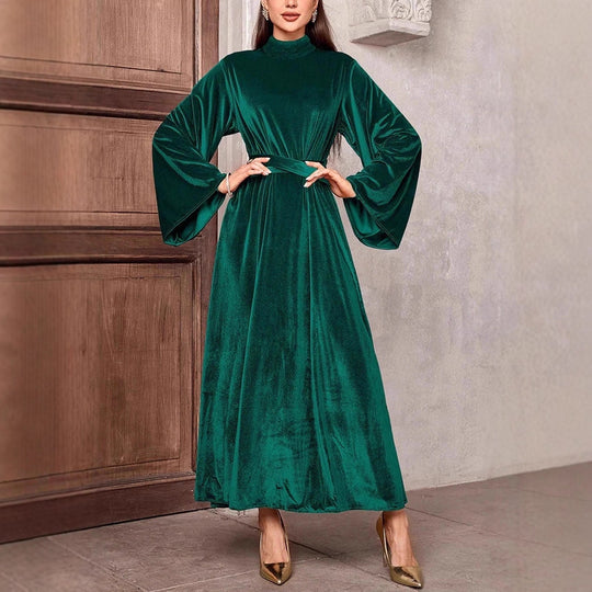 Damen Maxikleid aus Samt mit Stehkragen, weitem Glockenärmel und Taillengürtel Shop Nory