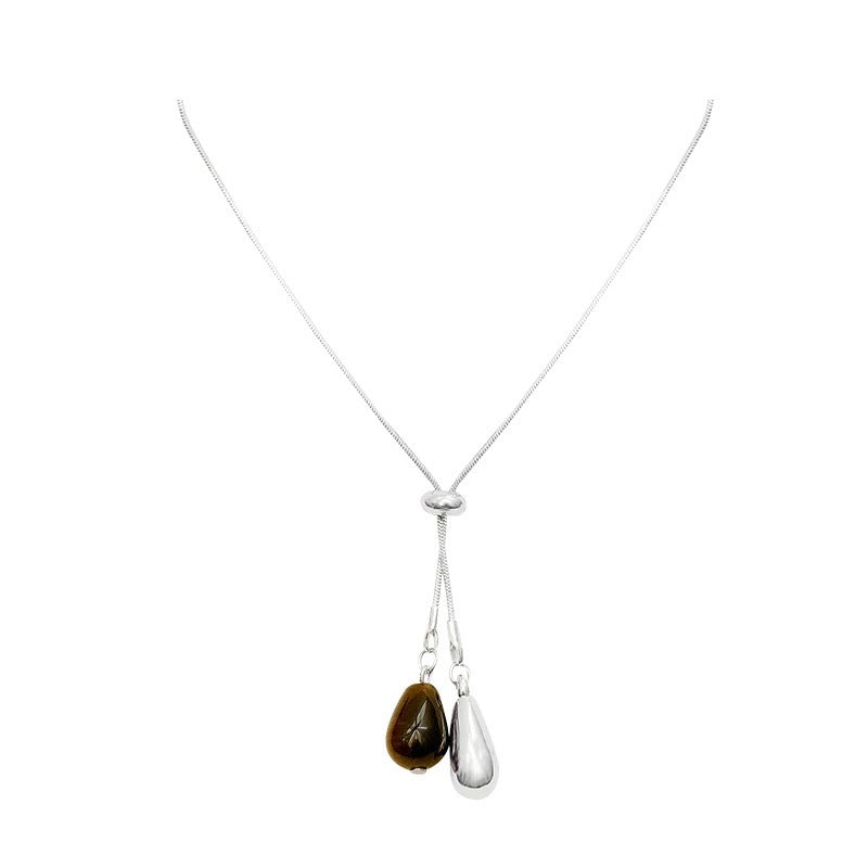 Damen Halskette mit tropfenförmigen Anhängern aus Tigerauge und Edelstahl Shop Nory