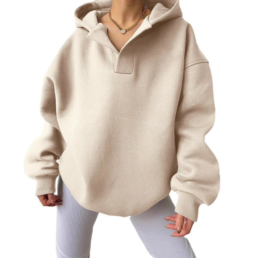 Damen Oversize-Kapuzenpullover mit V-Öffnung, tiefer Schulternaht und gerippten Bündchen Shop Nory