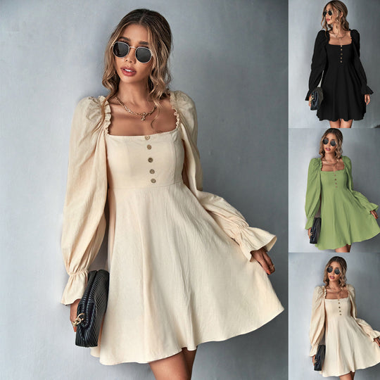 Damen romantisches A-Linien Kleid mit Puffärmeln quadratischem Ausschnitt und taillenbetonter Silhouette Shop Nory