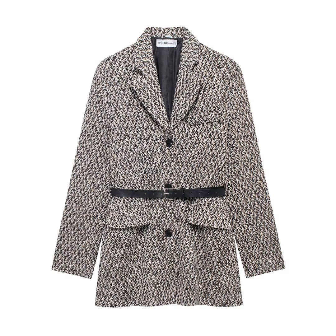 Damen Midilanger Bouclé-Tweed-Blazerjacke mit Lederimitat‑Gürtel Shop Nory