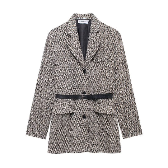 Damen Midilanger Bouclé-Tweed-Blazerjacke mit Lederimitat‑Gürtel Shop Nory