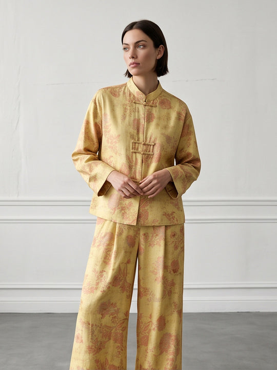 Damen Zweiteiliges Jacquard-Set mit Mandarin-Kragen und weit geschnittener Hose Shop Nory