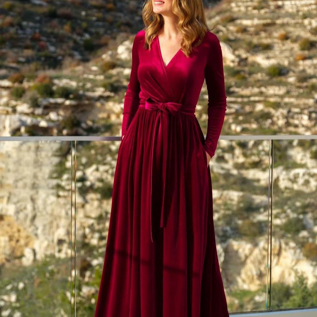 Damen nan elegantes Wickelmaxikleid aus Samt mit V-Ausschnitt, Taillengürtel und seitlichen Eingrifftaschen Shop Nory