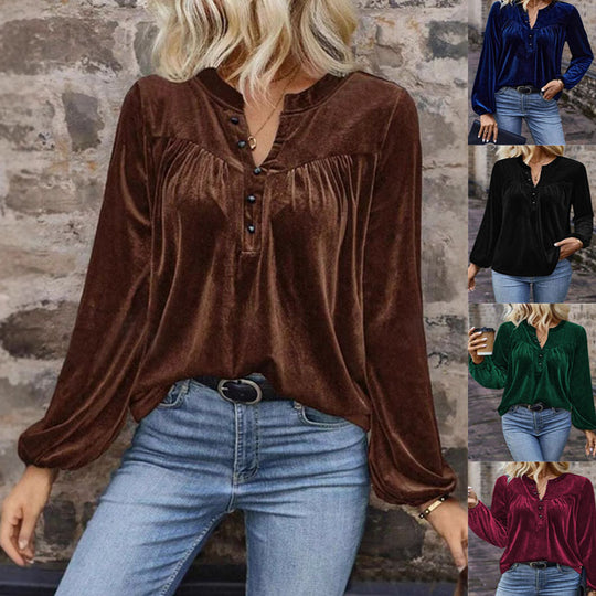 Damen Samtsweatshirt mit Henley-Knopfleiste, geraffter Brustpasse und lockerer Silhouette Shop Nory