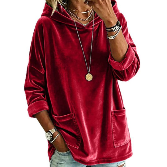 Damen Samt-Hoodie mit Kapuze, Oversize-Schnitt und aufgesetzten Taschen Shop Nory