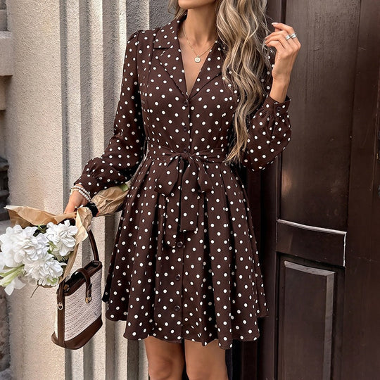 Damen Gepunktetes Hemdblusenkleid mit Taillengürtel und schwingender A-Linie Shop Nory