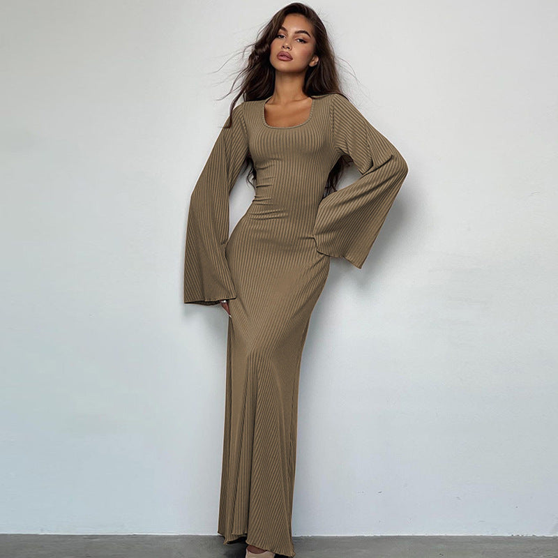 Damen Elegantes Maxikleid mit extra weitem Ärmel und trendiger Rippstruktur