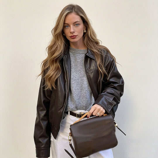 Damen Kurzjacke aus Kunstleder im Oversized-Bomberstil mit Hemdkragen und elastischem Saum Shop Nory