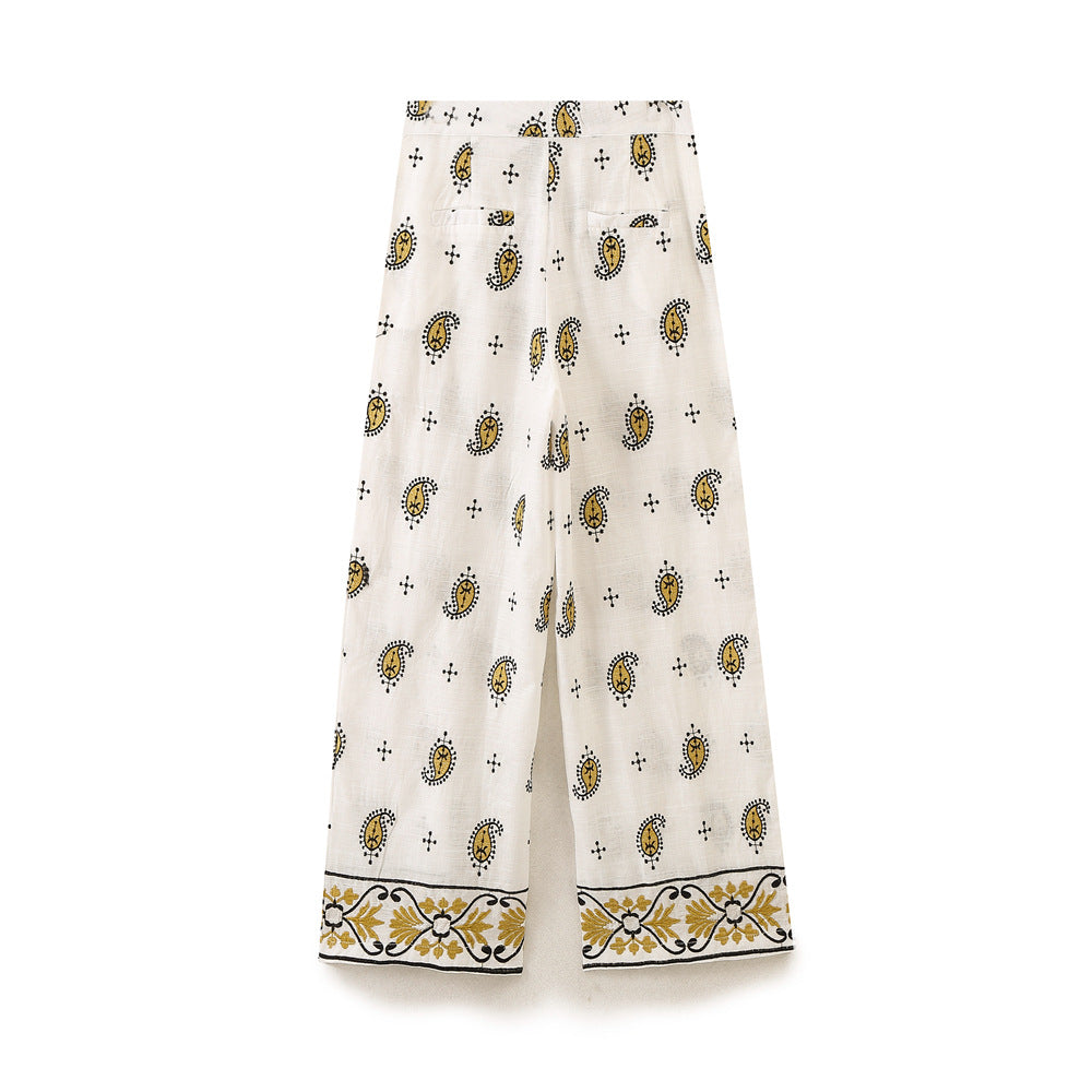 Damen Weite Leinenhose mit Paisley‑Print und besticktem Saum Shop Nory
