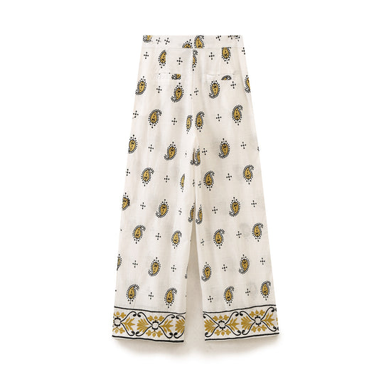 Damen Weite Leinenhose mit Paisley‑Print und besticktem Saum Shop Nory