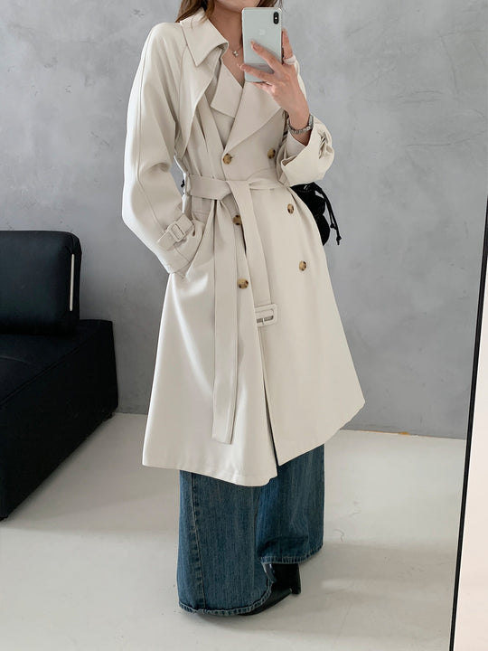 Damen Kastenförmiger Midilanger Trenchcoat mit weichem Fall und verstellbaren Manschetten Shop Nory