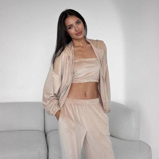 Damen Dreiteiliges Velours-Loungewear-Set mit Cropped-Top, Zip-Hoodie und weitem Palazzo-Hosenbein Shop Nory
