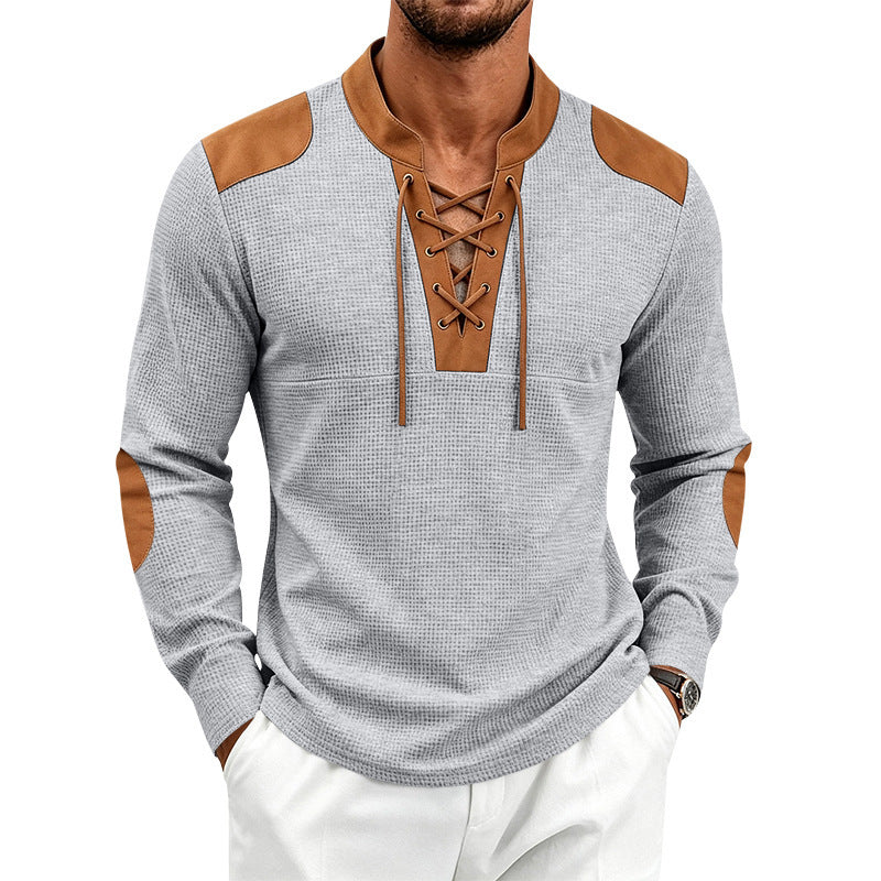 Herren Waffelstruktur-Henley mit Schnürkragen und Kunstleder-Patches Shop Nory
