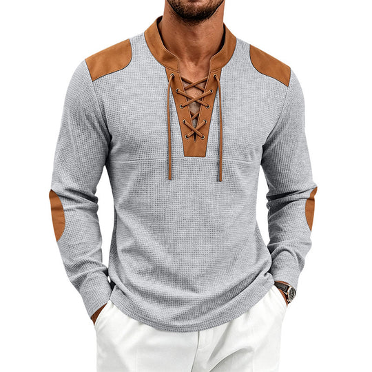 Herren Waffelstruktur-Henley mit Schnürkragen und Kunstleder-Patches Shop Nory