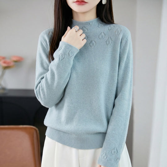 Damen Leichter Stehkragenpullover mit floralem Ajour‑Yoke und feiner Rippkante Shop Nory