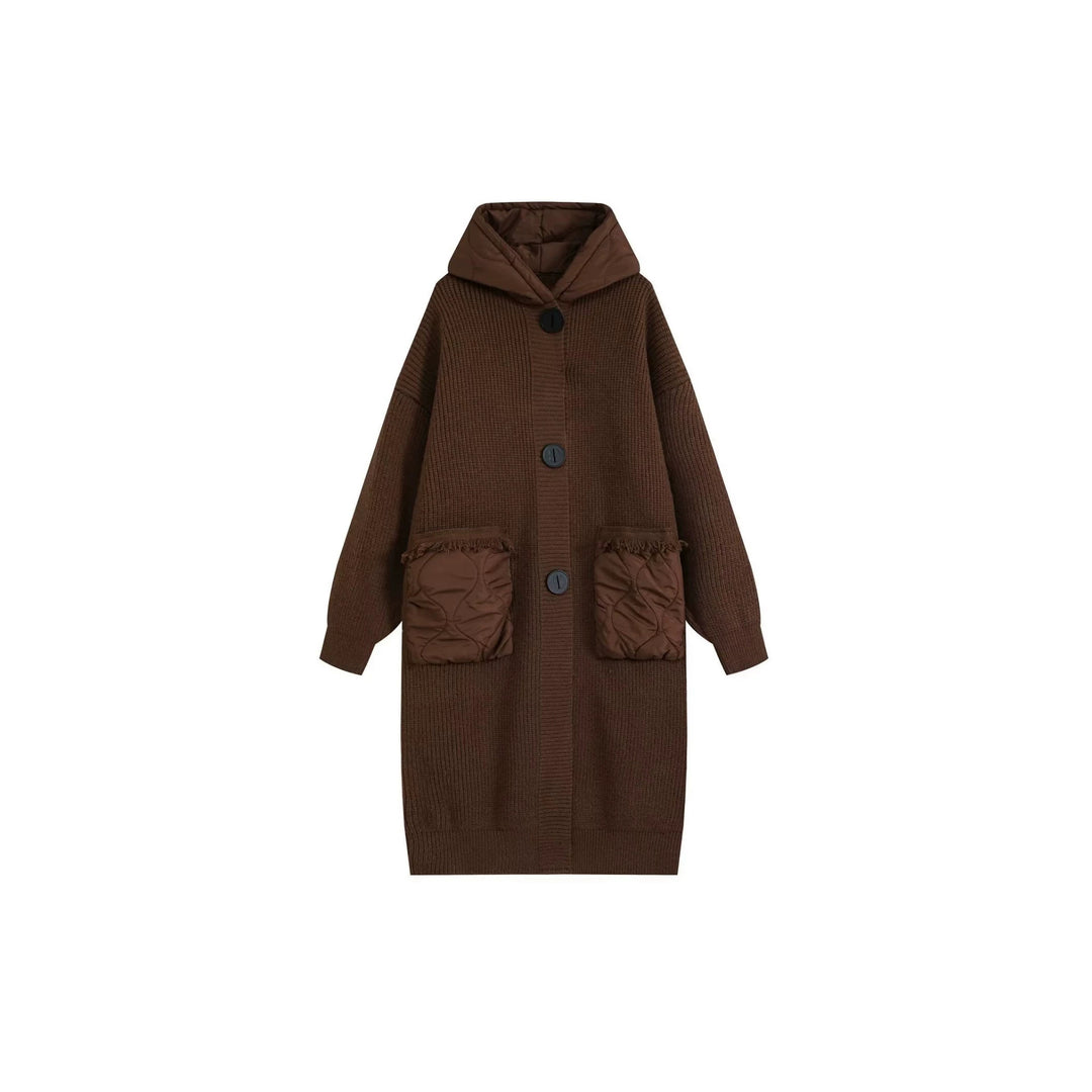 Damen Langer Oversize-Strickmantel mit gesteppter Kapuze und aufgesetzten Stepp-Taschen Shop Nory