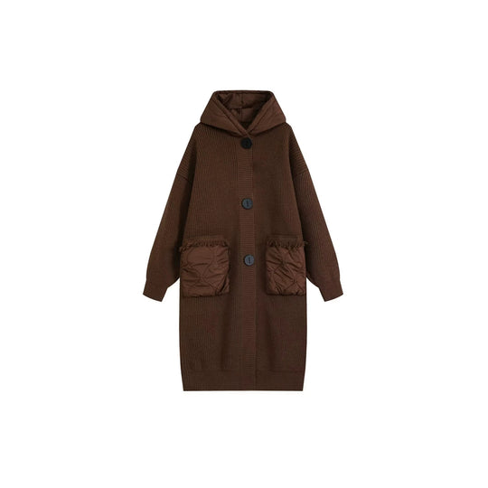 Damen Langer Oversize-Strickmantel mit gesteppter Kapuze und aufgesetzten Stepp-Taschen Shop Nory
