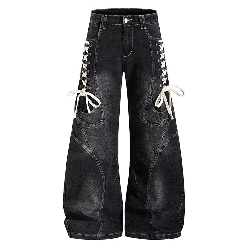 Damen Weite hochtaillierte Denim-Culotte mit seitlicher Schnürung und Cargo-Taschen Shop Nory