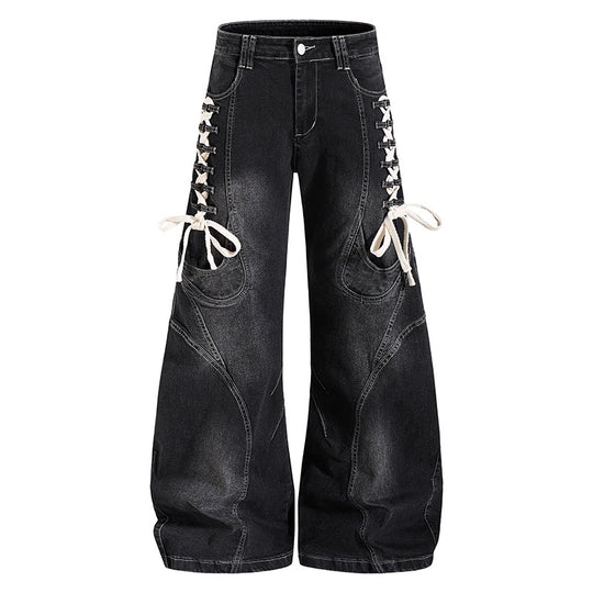 Damen Weite hochtaillierte Denim-Culotte mit seitlicher Schnürung und Cargo-Taschen Shop Nory