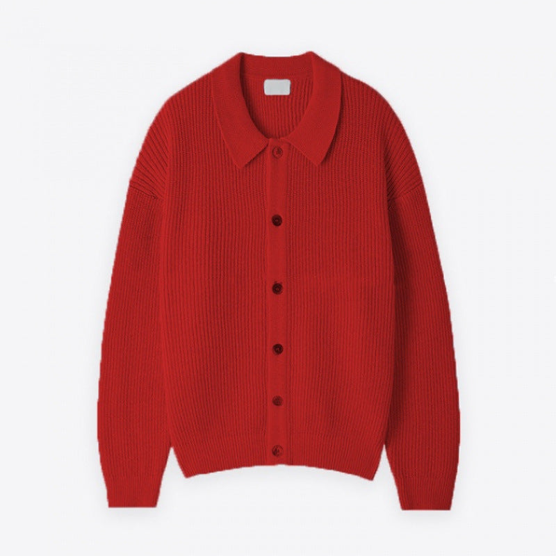 Unisex Grobgerippte Strickjacke mit Hemdkragen und durchgehender Knopfleiste Shop Nory