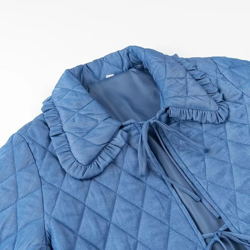 Damen Steppjacke im Vintage‑Look mit Rüschenkragen und Bindebändern Shop Nory