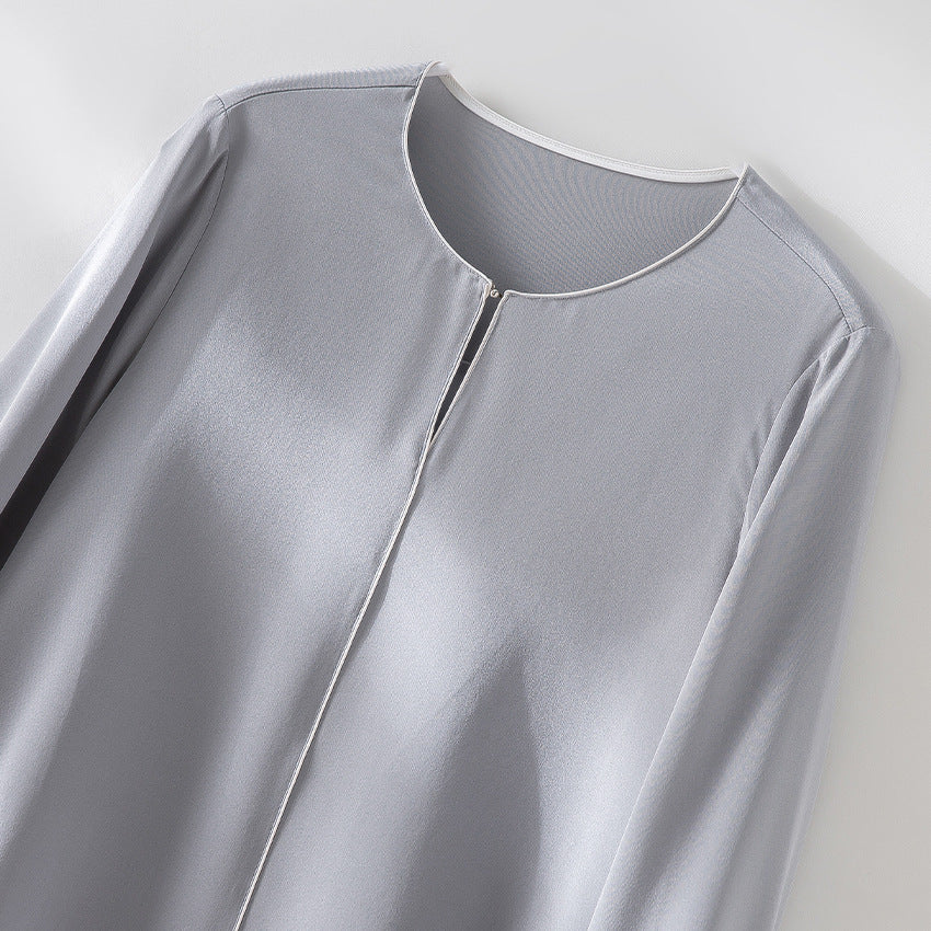 Damen Elegante seidenähnliche Bluse mit Kontrastpaspel und verlängerten Manschetten Shop Nory