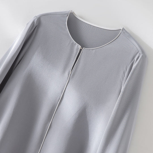 Damen Elegante seidenähnliche Bluse mit Kontrastpaspel und verlängerten Manschetten Shop Nory