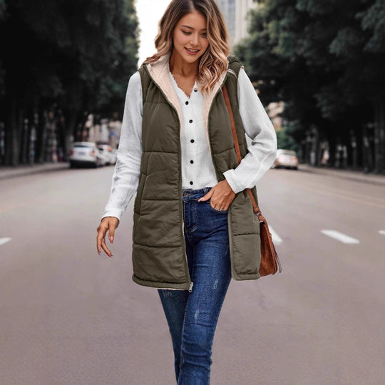 Damen Lange Steppweste mit Kapuze und Teddyfutter Shop Nory