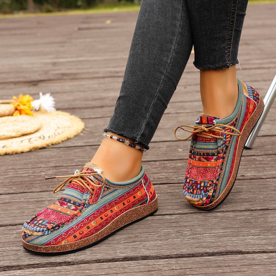 Damen bunte gemusterte Canvas-Schnürschuhe mit leichter Plateau-Sohle Shop Nory