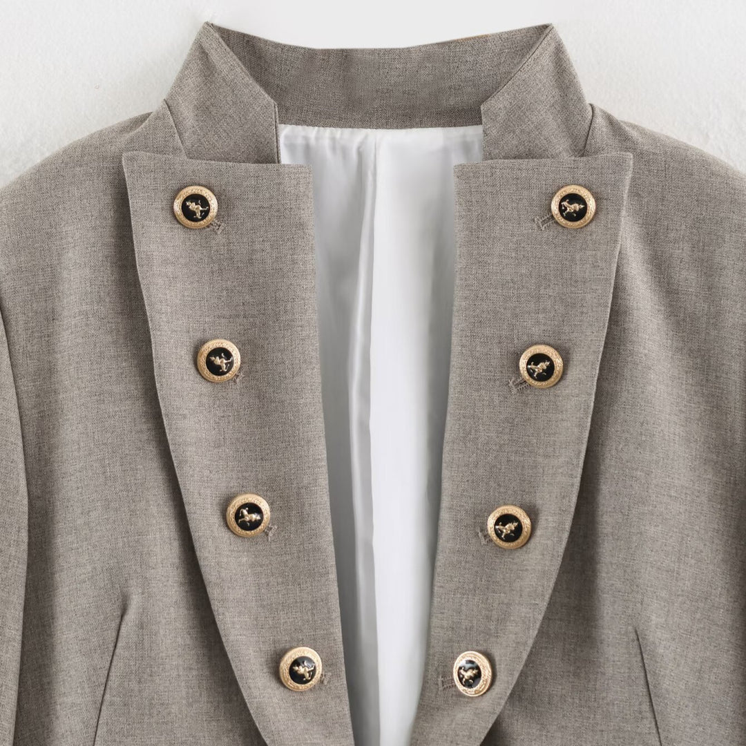 Damen Cropped Military-Blazer mit Stehkragen, zweireihiger Zierknopfleiste und taillierter Passform Shop Nory