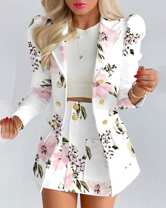 Damen Zweiteiliges karriertes Blazer- und Minirock-Set mit betonten Puffärmeln und goldenen Knöpfen Shop Nory