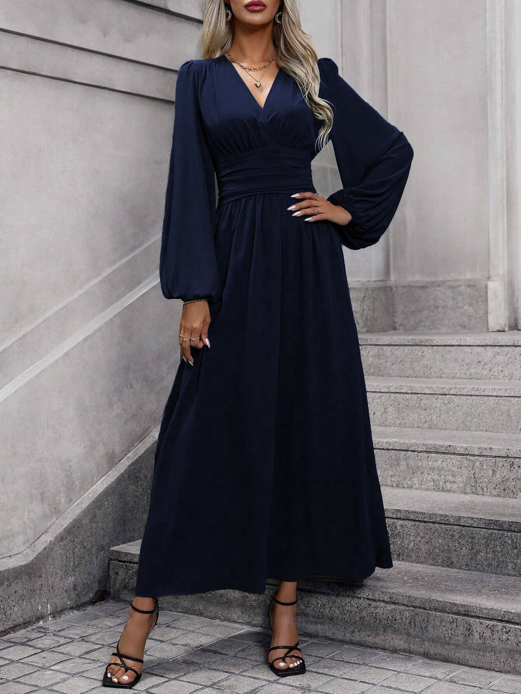 Damen Grecian-Maxikleid Ballonärmel Seitenschlitz