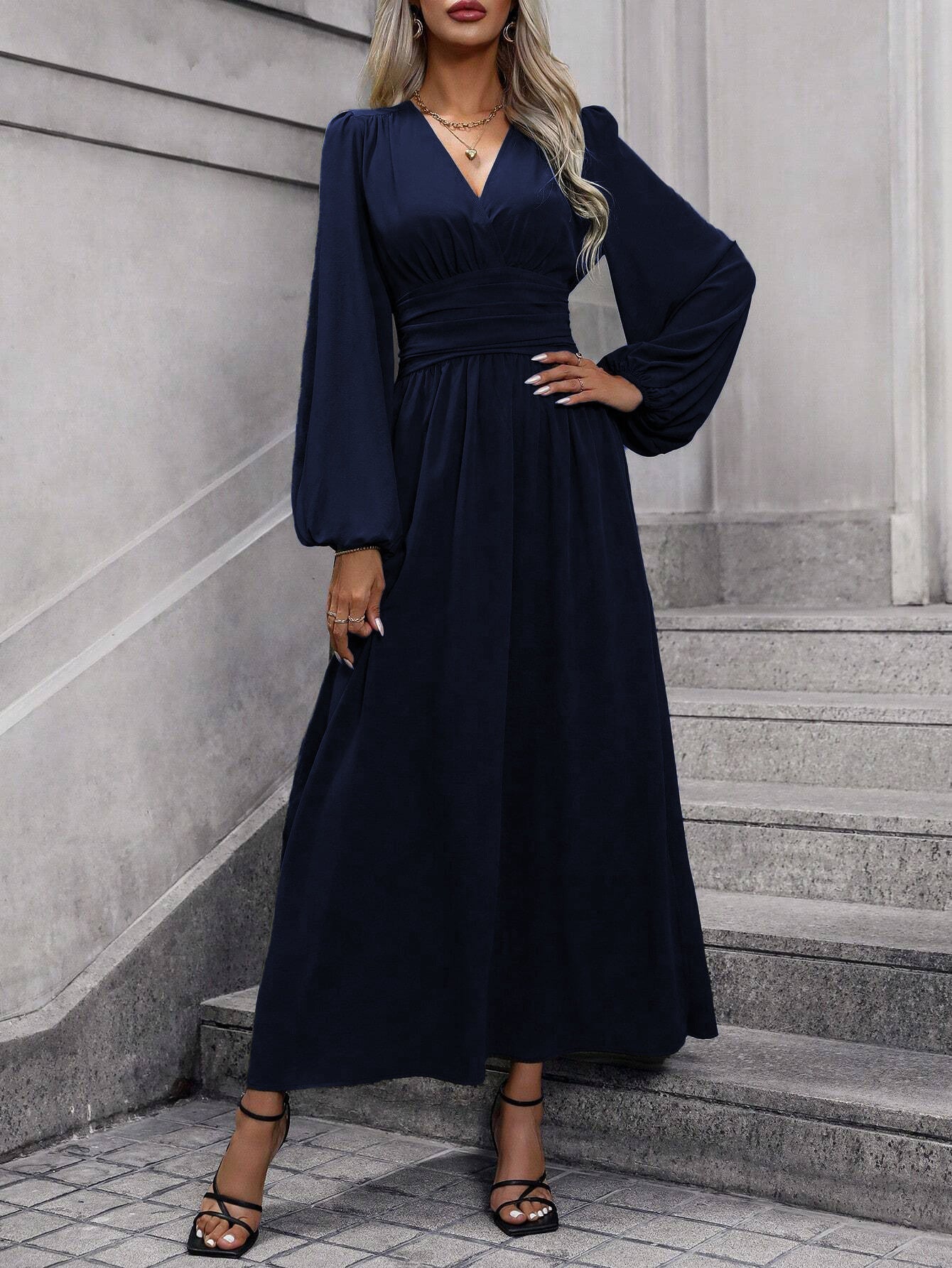 Damen Grecian-Maxikleid Ballonärmel Seitenschlitz