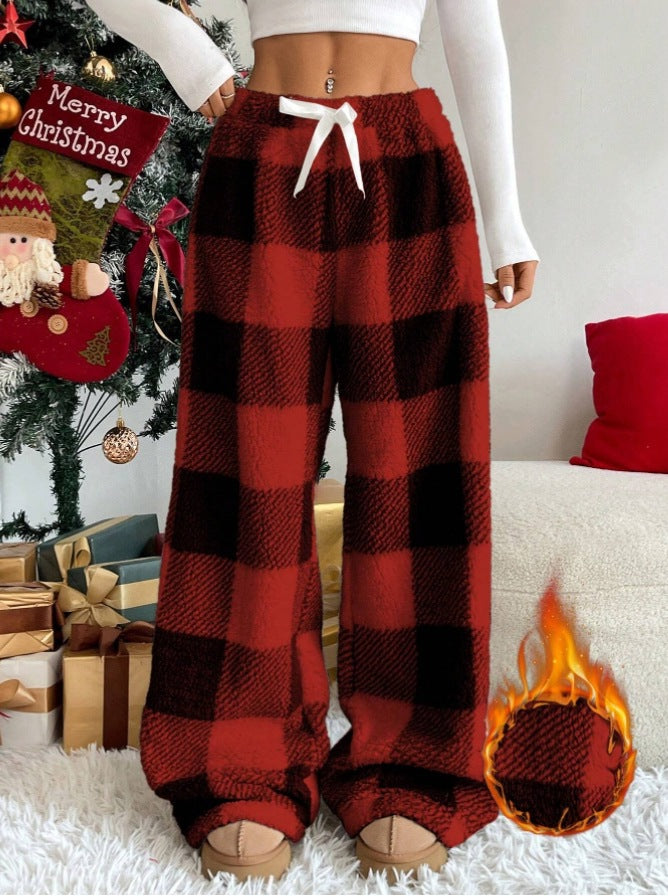 Damen nan kuschelige karierte Fleece-Hose mit Tunnelzugbund und weitem Bein Shop Nory