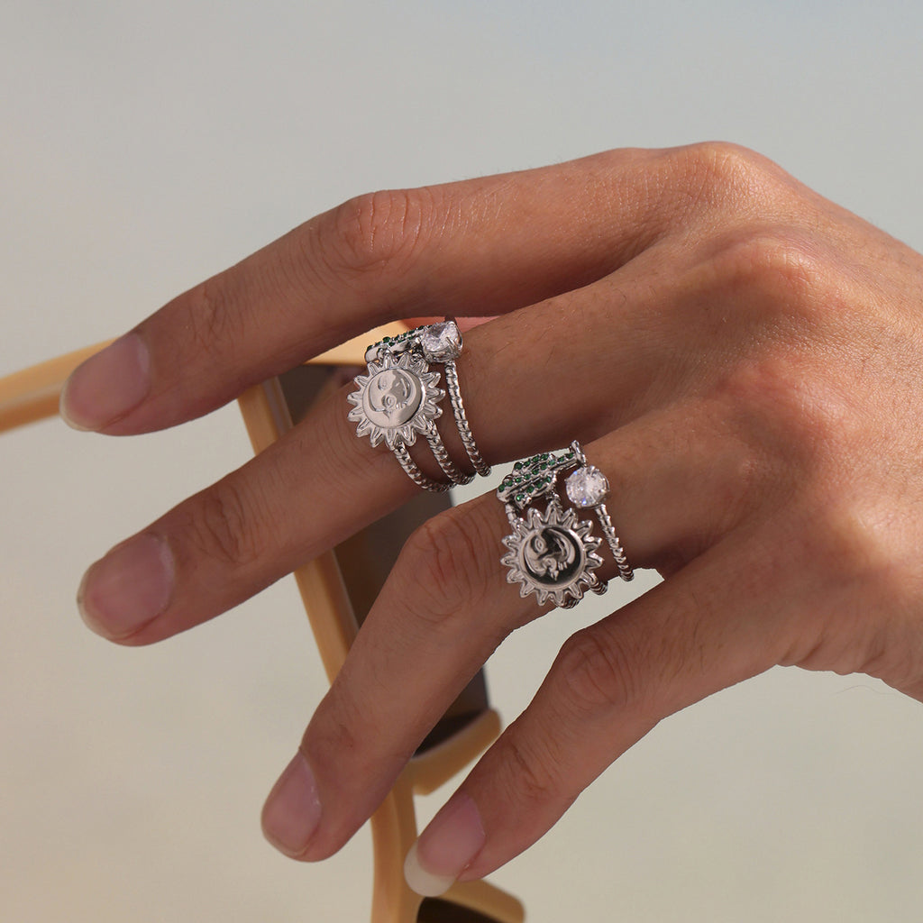 Damen Offener Ring mit kunstvollem Sonnen- und Zirkon-Design Shop Nory