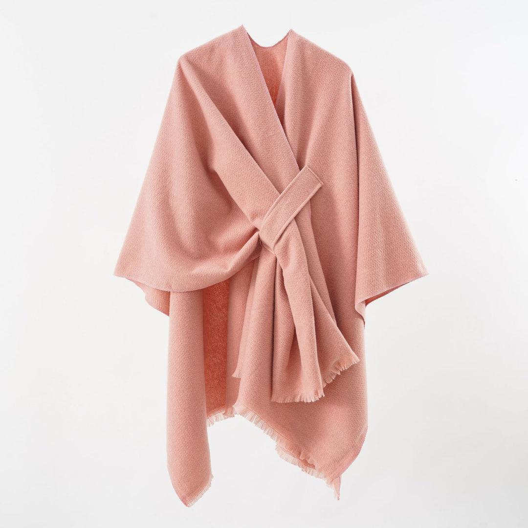 Damen leichter Wollmix-Überwurf mit Fransen und Bindegürtel Shop Nory