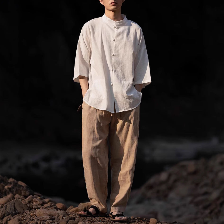 Herren Oversize Hemd im Kimono-Stil aus Leinen-Baumwollmix mit Stehkragen Shop Nory